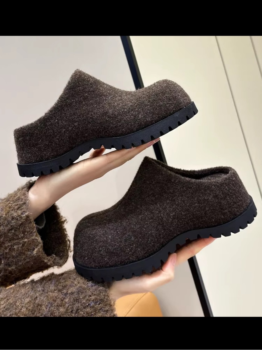 Women’s Brown Felt Slip-On Clog Mules